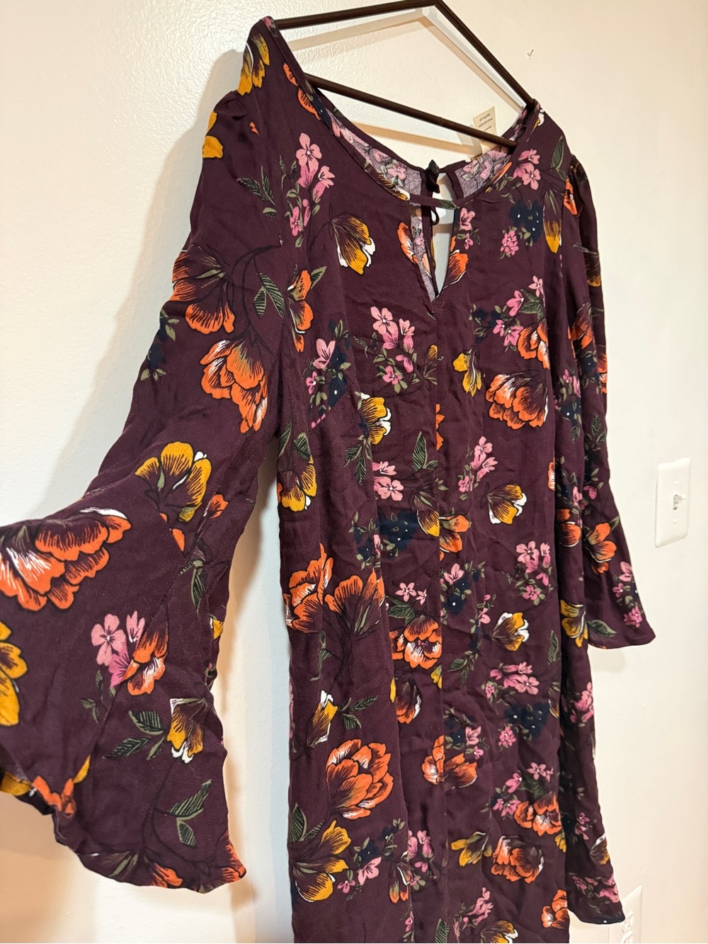 Romantic Floral Bell Sleeve Dress Boho Peasant Metropolis Burgandy Womens Sz 14W